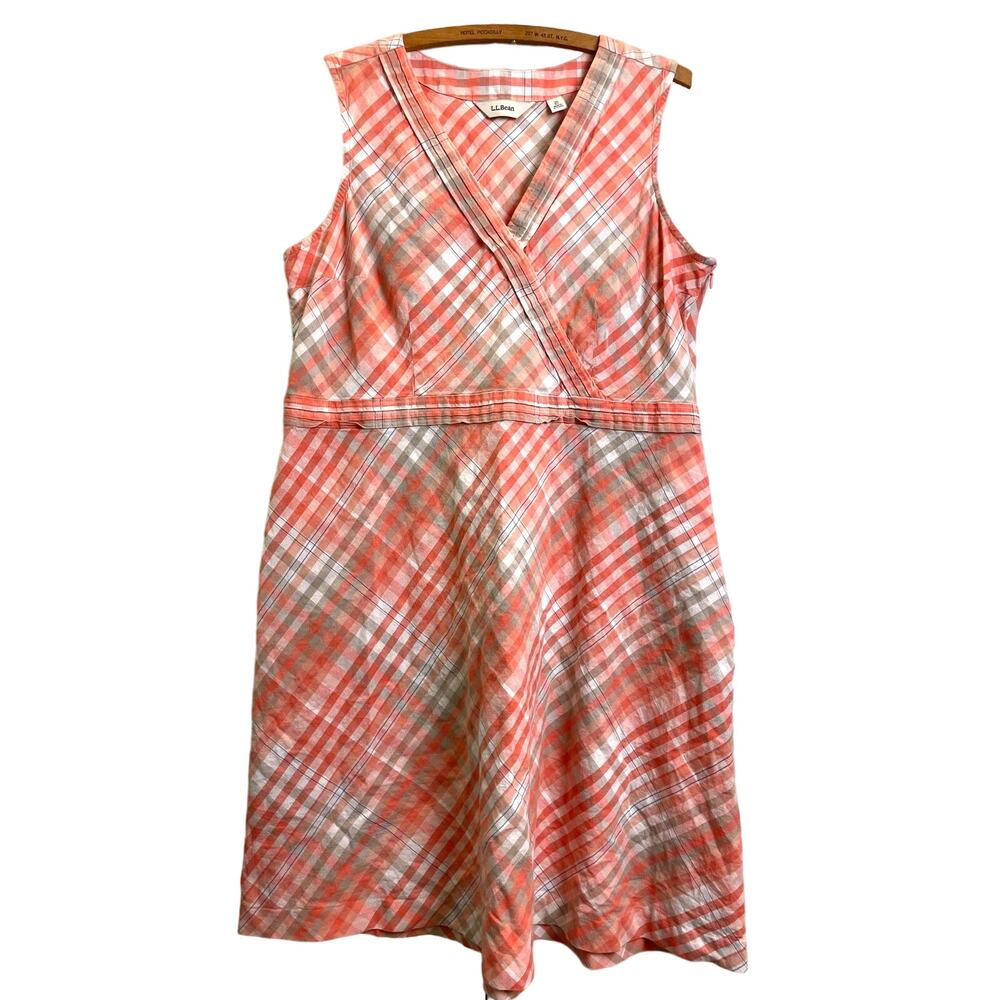 LL Bean Sleeveless Linen Blend Dress Plus Sz 20 Petite Peach/Pink Plaid